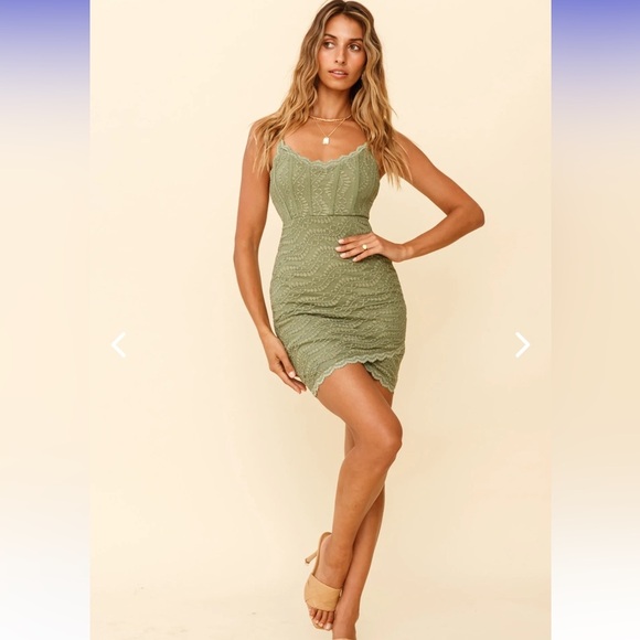Selfie Leslie Dresses & Skirts - Selfie Leslie ANGEL SONG SCOOP NECKLINE LACE BODYCON DRESS AVOCADO - S